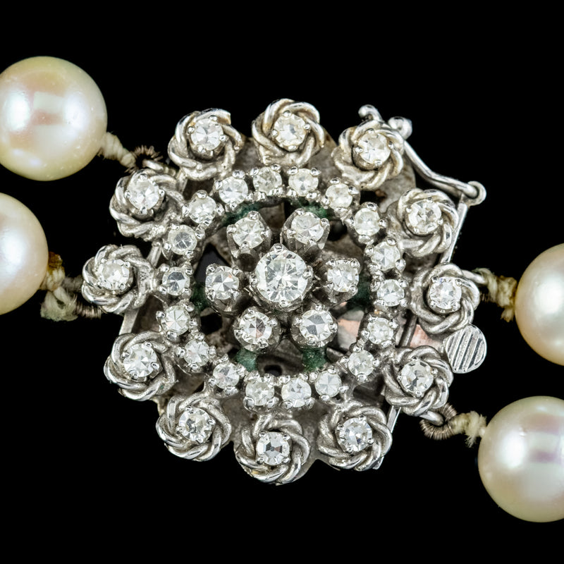 Vintage French Double Pearl Necklace 2ct Diamond Clasp Antique