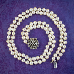 Vintage French Double Pearl Necklace 2ct Diamond Clasp 