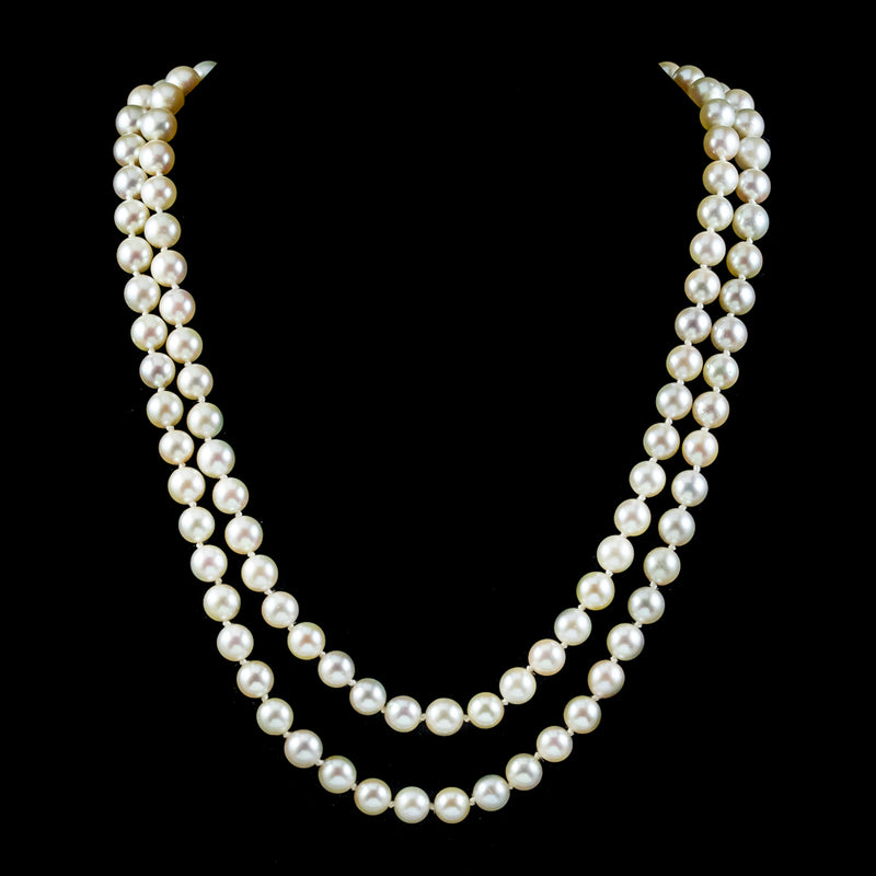 Vintage French Double Pearl Necklace 2ct Diamond Clasp 