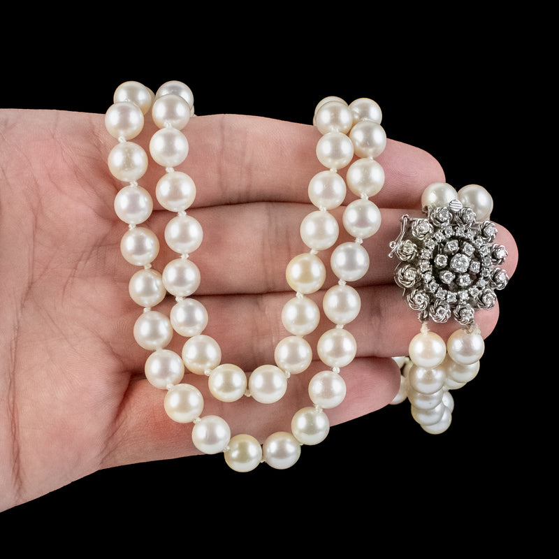 Vintage French Double Pearl Necklace 2ct Diamond Clasp 