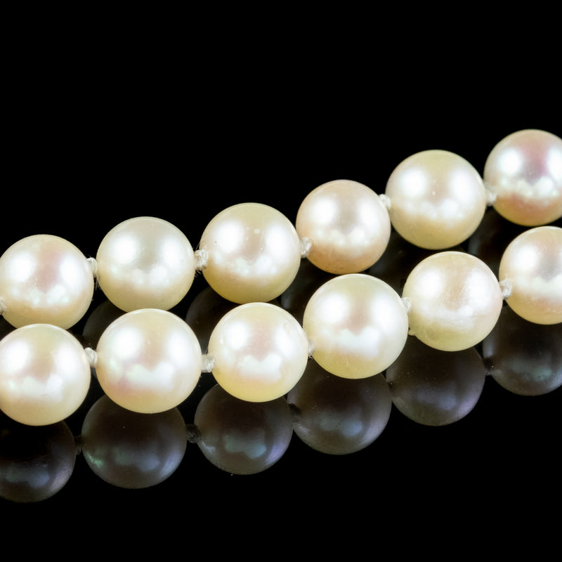 Vintage French Double Pearl Necklace 2ct Diamond Clasp 