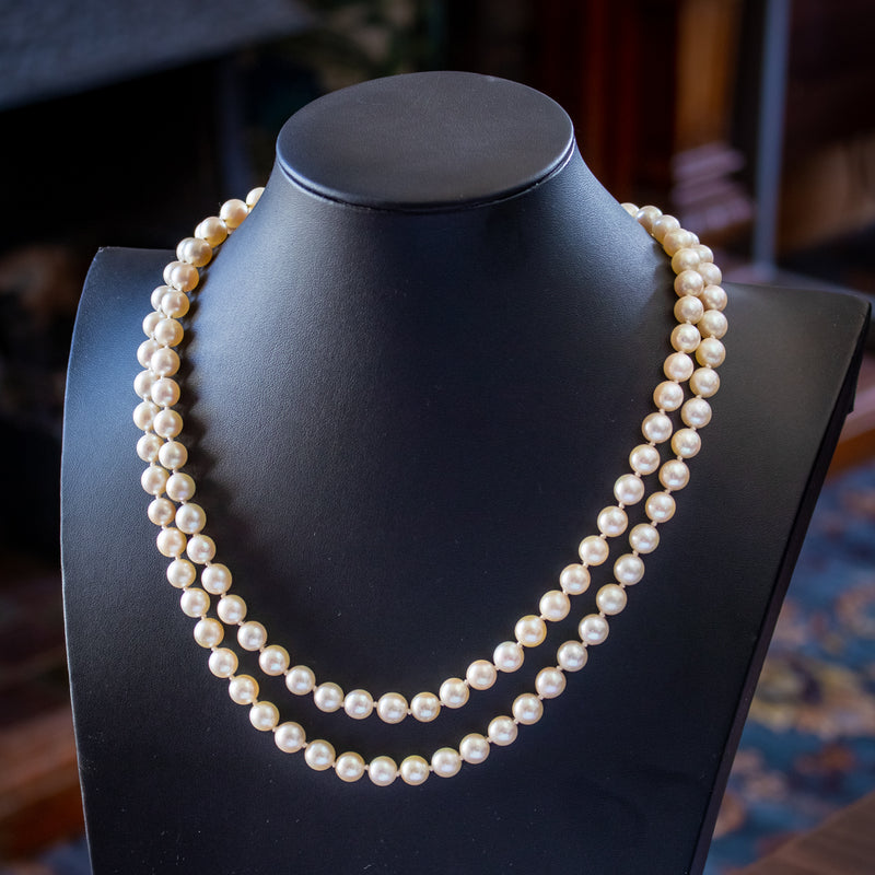 Vintage French Double Pearl Necklace 2ct Diamond Clasp 