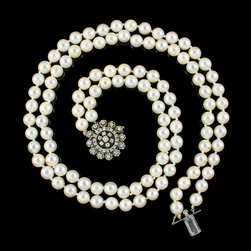 Vintage French Double Pearl Necklace 2ct Diamond Clasp 