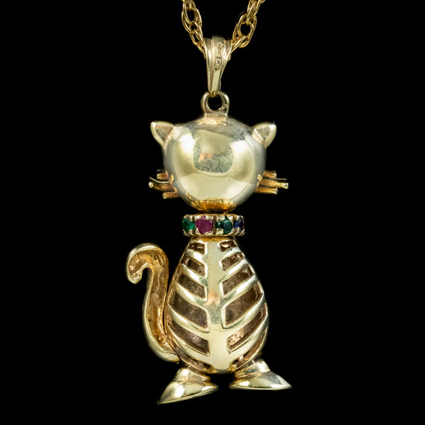 Vintage Gemstone Cat Pendant Necklace 9Ct Gold – Antique Jewellery