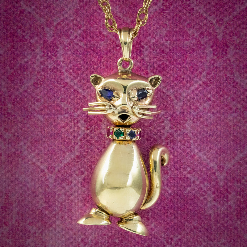 Vintage Gemstone Cat Pendant Necklace 9ct Gold