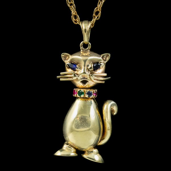 Vintage Gemstone Cat Pendant Necklace 9ct Gold