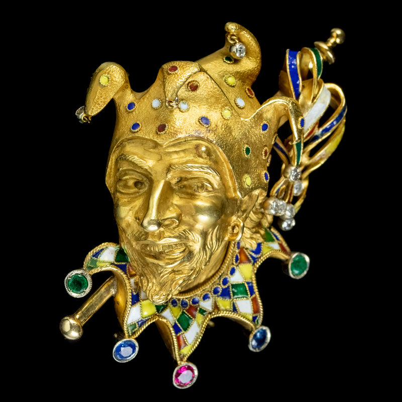 Vintage Gemstone Jester Brooch 18ct Gold Circa 1930