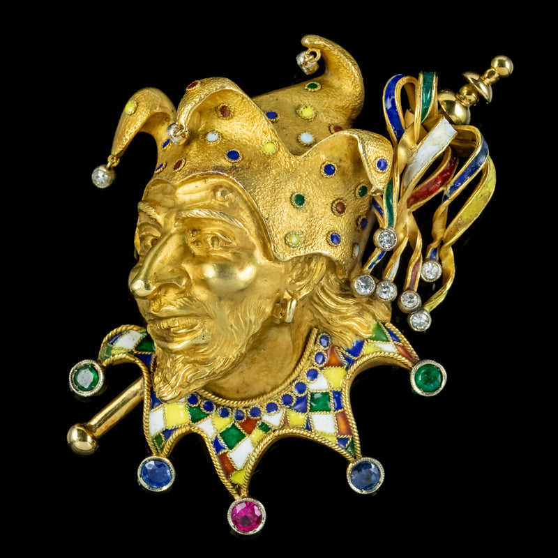 Vintage Gemstone Jester Brooch 18ct Gold Circa 1930
