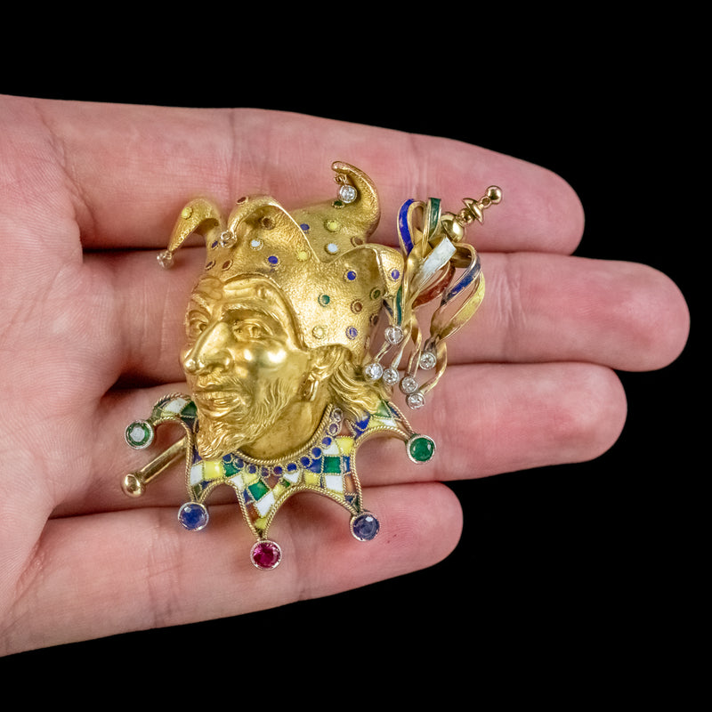 Vintage Gemstone Jester Brooch 18ct Gold Circa 1930