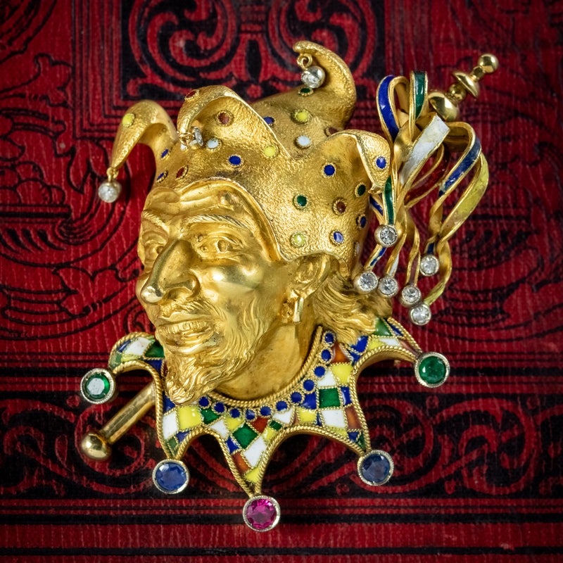 Vintage Gemstone Jester Brooch 18ct Gold Circa 1930
