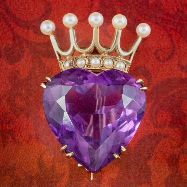 Vintage Luckenbooth Brooch 16ct Amethyst Heart Pearl Crown 9ct Gold 