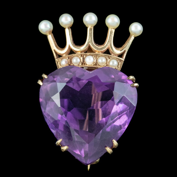 Vintage Luckenbooth Brooch 16ct Amethyst Heart Pearl Crown 9ct Gold 