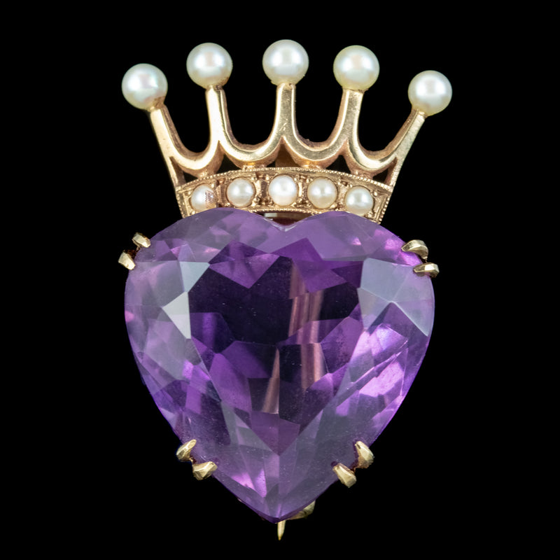 Vintage Luckenbooth Brooch 16ct Amethyst Heart Pearl Crown 9ct Gold 
