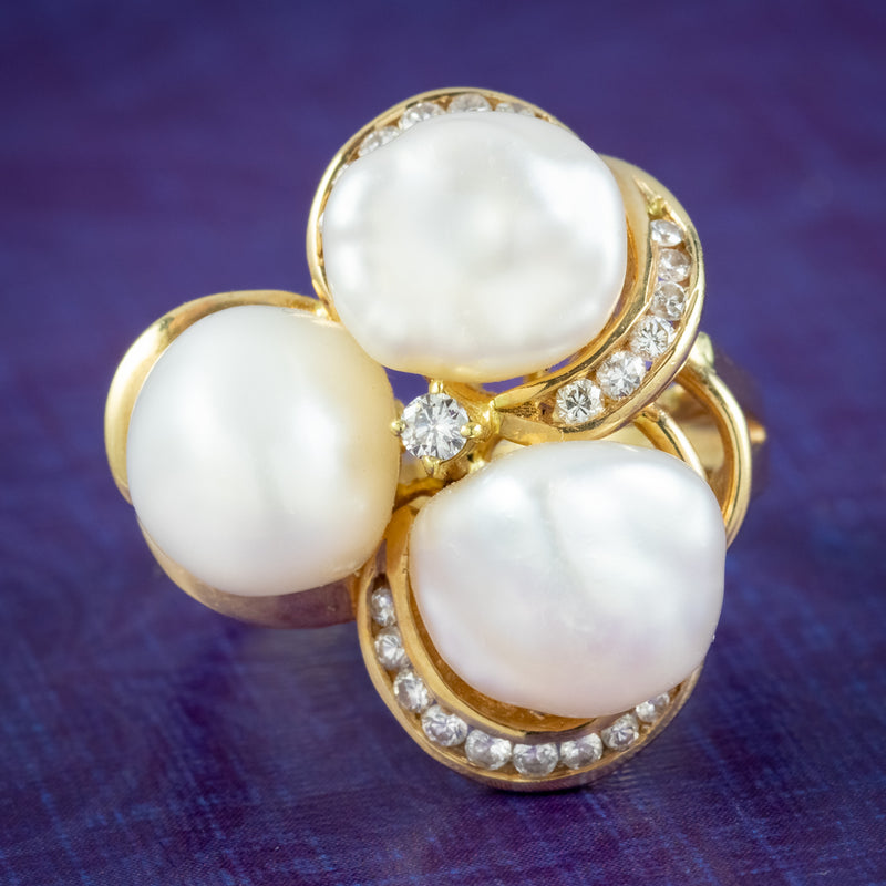 Vintage Natural Baroque Pearl Diamond Cluster Ring