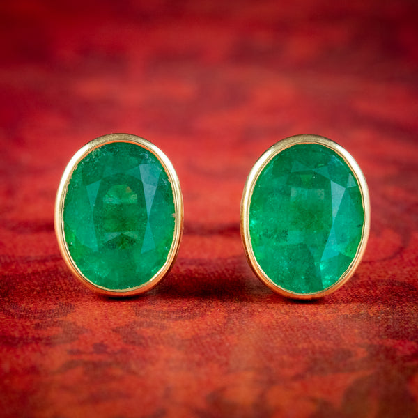 Vintage Natural Emerald Stud Earrings 18ct Gold 3.2ct Of Emerald With Cert