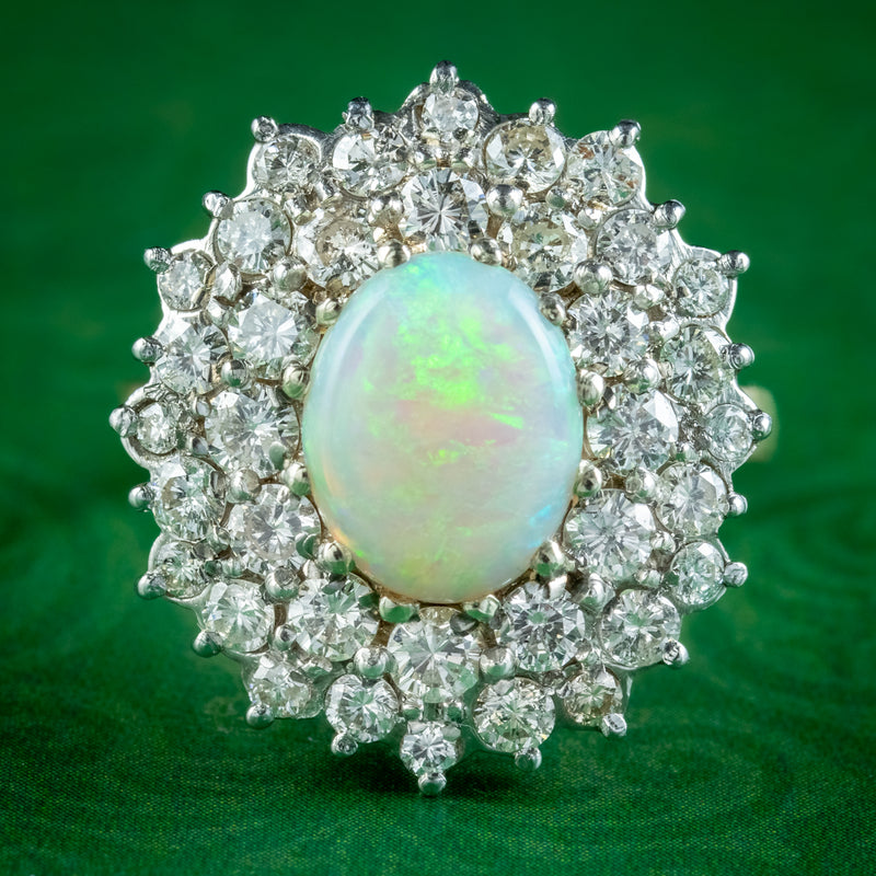 Vintage Opal Diamond Cluster Cocktail Ring 2.8ct Opal 2.1ct Of Diamond