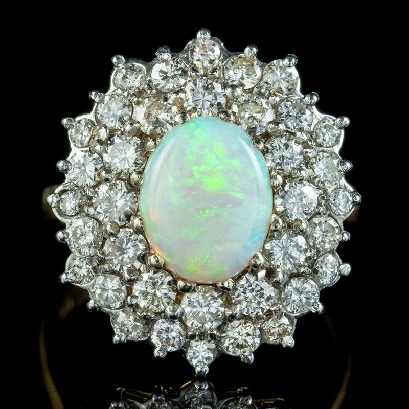 Vintage Opal Diamond Cluster Cocktail Ring 2.8ct Opal 2.1ct Of Diamond