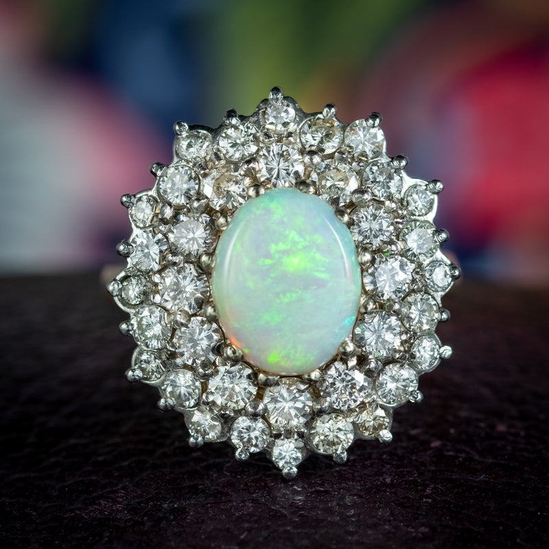 Vintage Opal Diamond Cluster Cocktail Ring 2.8ct Opal 2.1ct Of Diamond