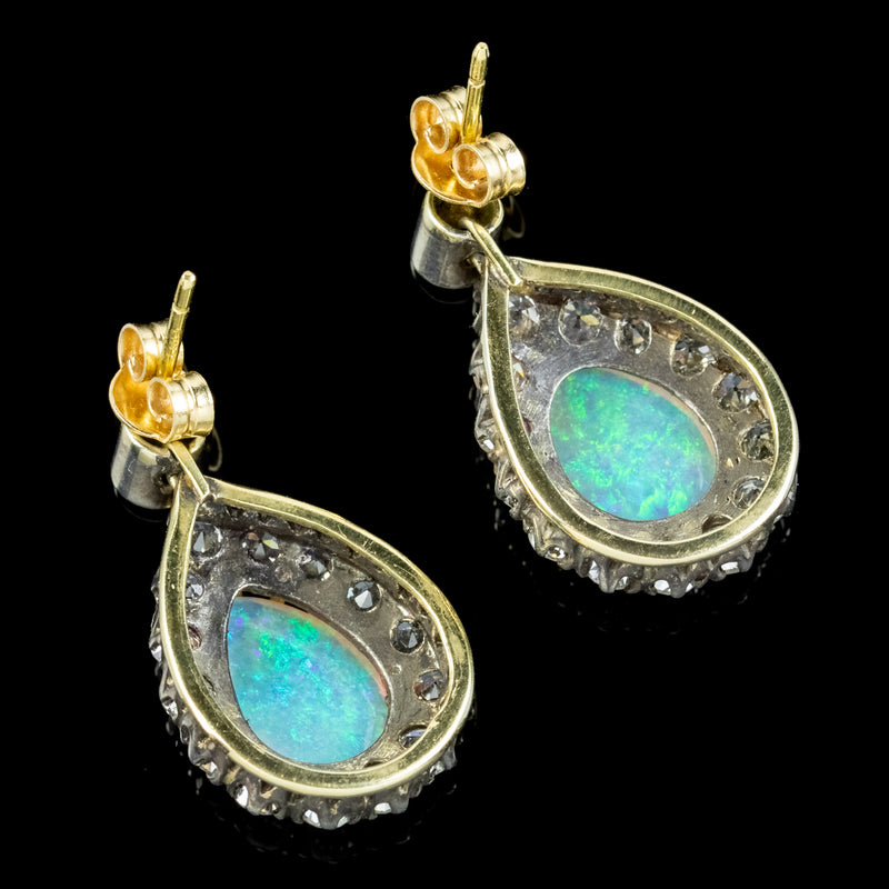 Vintage Pear Cut Opal Diamond Earrings Silver 14ct Gold 6ct Of Opal 3.10ct Of Diamond