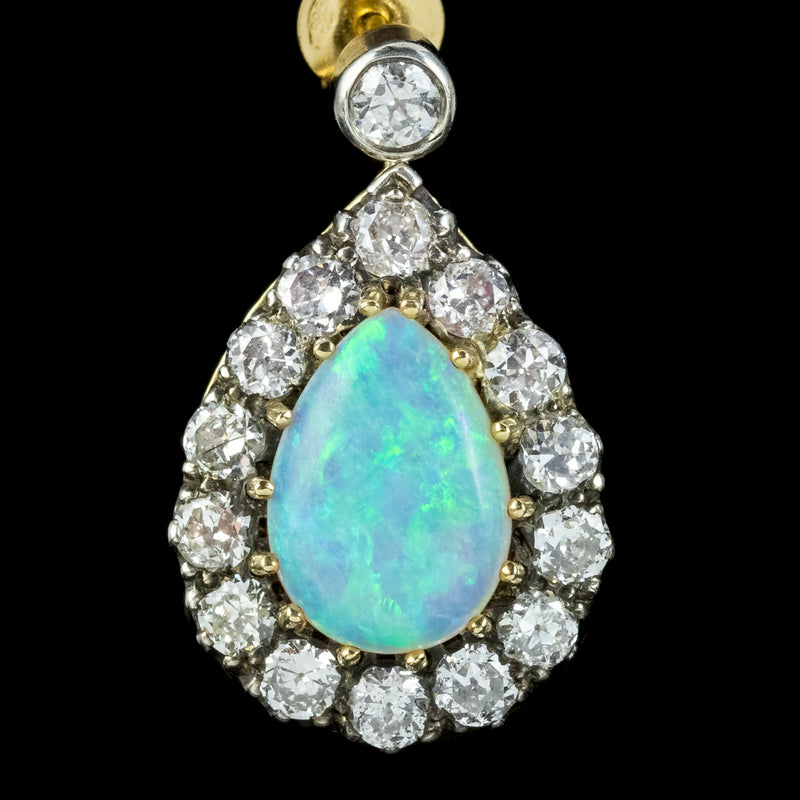 Vintage Pear Cut Opal Diamond Earrings Silver 14ct Gold 6ct Of Opal 3.10ct Of Diamond