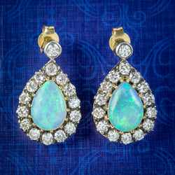 Vintage Pear Cut Opal Diamond Earrings Silver 14ct Gold 6ct Of Opal 3.10ct Of Diamond