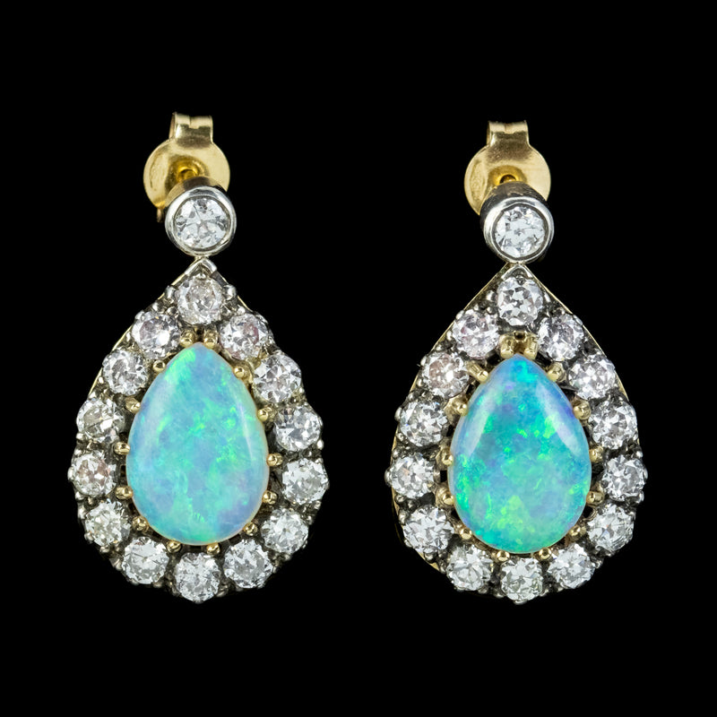 Vintage Pear Cut Opal Diamond Earrings Silver 14ct Gold 6ct Of Opal 3.10ct Of Diamond