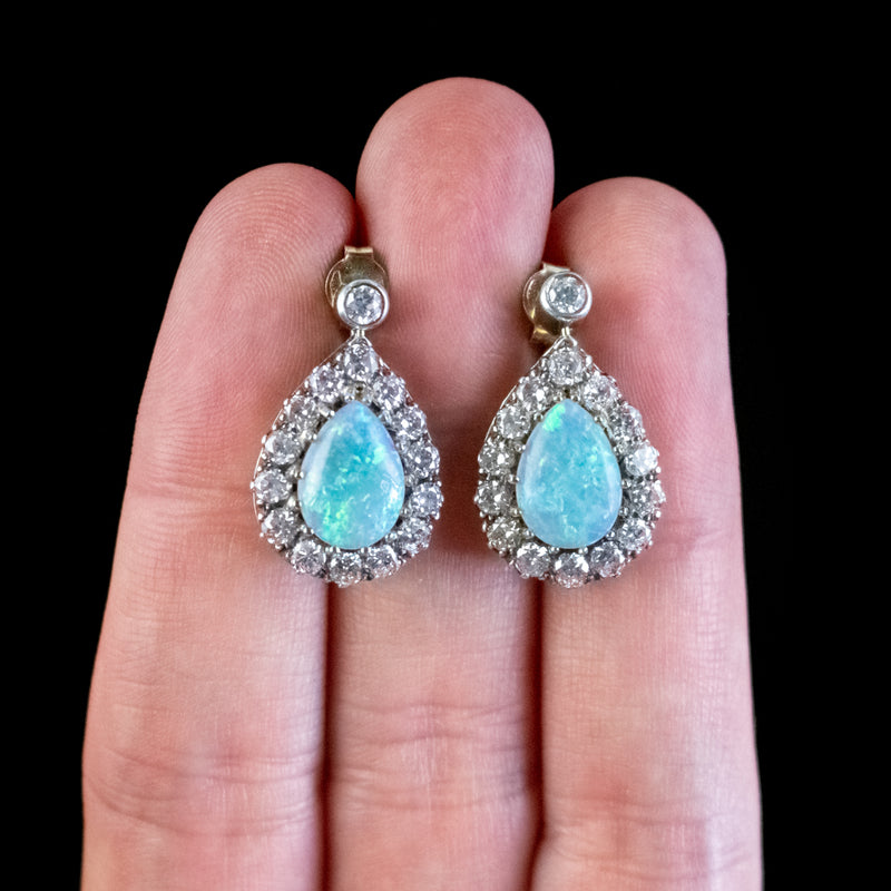 Vintage Pear Cut Opal Diamond Earrings Silver 14ct Gold 6ct Of Opal 3.10ct Of Diamond