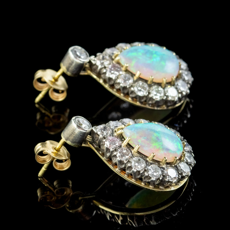 Vintage Pear Cut Opal Diamond Earrings Silver 14ct Gold 6ct Of Opal 3.10ct Of Diamond