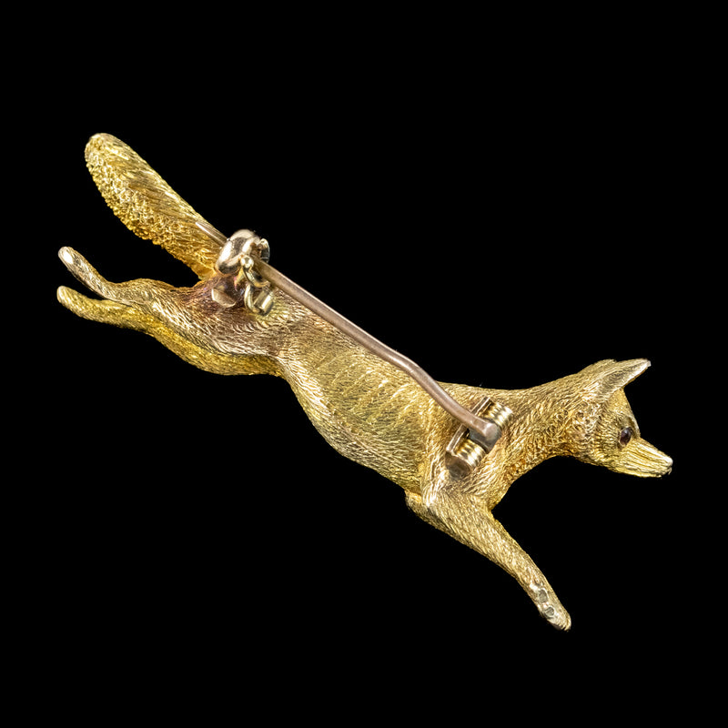 Vintage Running Fox Brooch Garnet Eyes Solid 15ct Gold