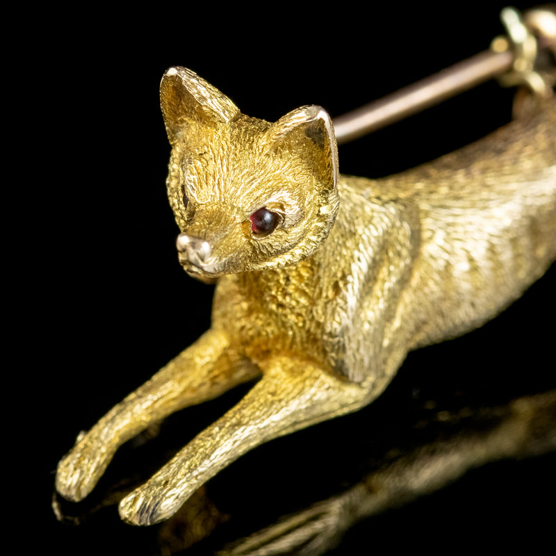 Vintage Running Fox Brooch Garnet Eyes Solid 15ct Gold