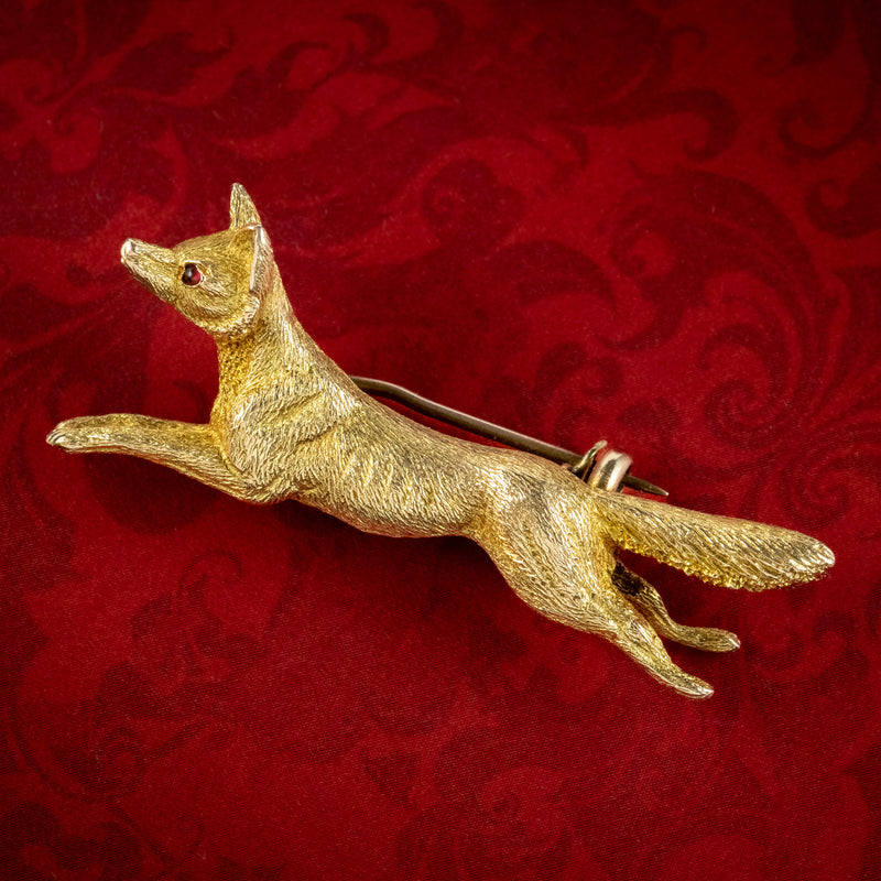 Vintage Running Fox Brooch Garnet Eyes Solid 15ct Gold