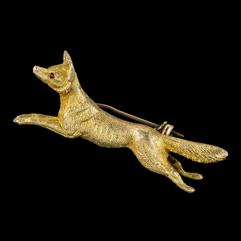 Vintage Running Fox Brooch Garnet Eyes Solid 15ct Gold