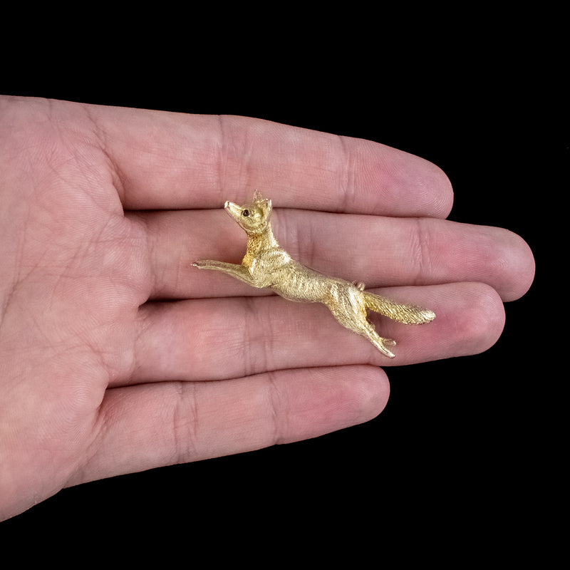 Vintage Running Fox Brooch Garnet Eyes Solid 15ct Gold