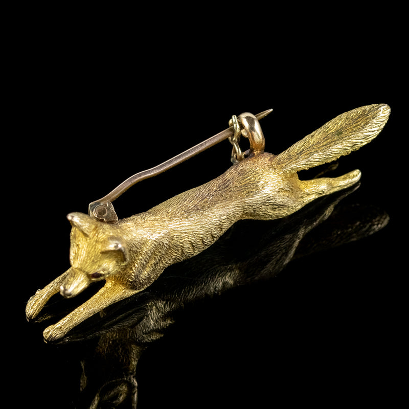Vintage Running Fox Brooch Garnet Eyes Solid 15ct Gold