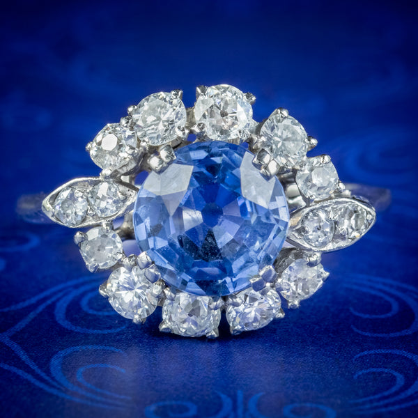 Vintage Sapphire Diamond Cluster Ring 3.30ct Sapphire With Cert