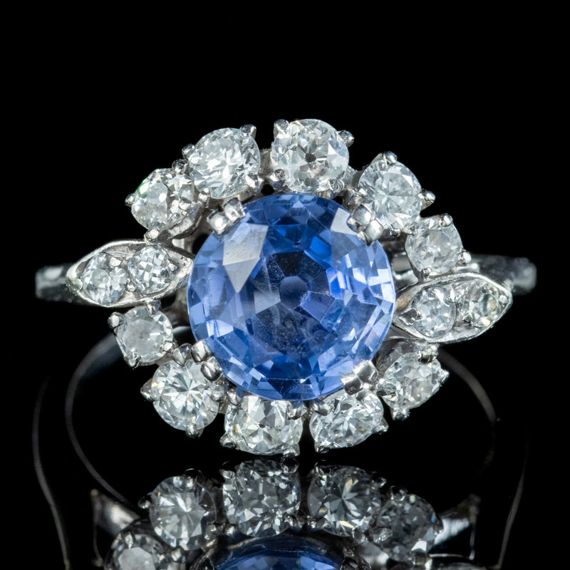 Vintage Sapphire Diamond Cluster Ring 3.30ct Sapphire With Cert