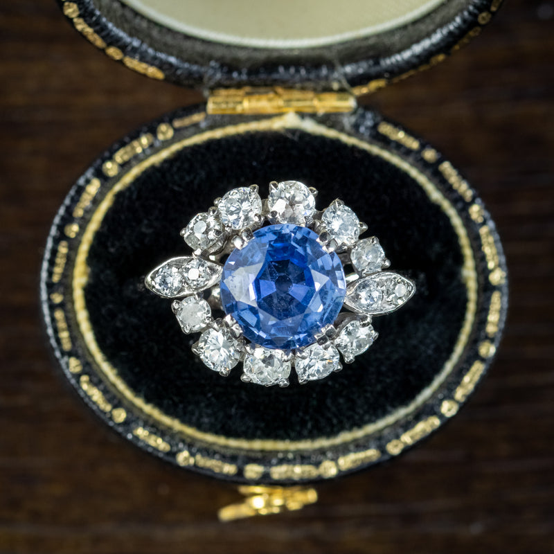 Vintage Sapphire Diamond Cluster Ring 3.30ct Sapphire With Cert