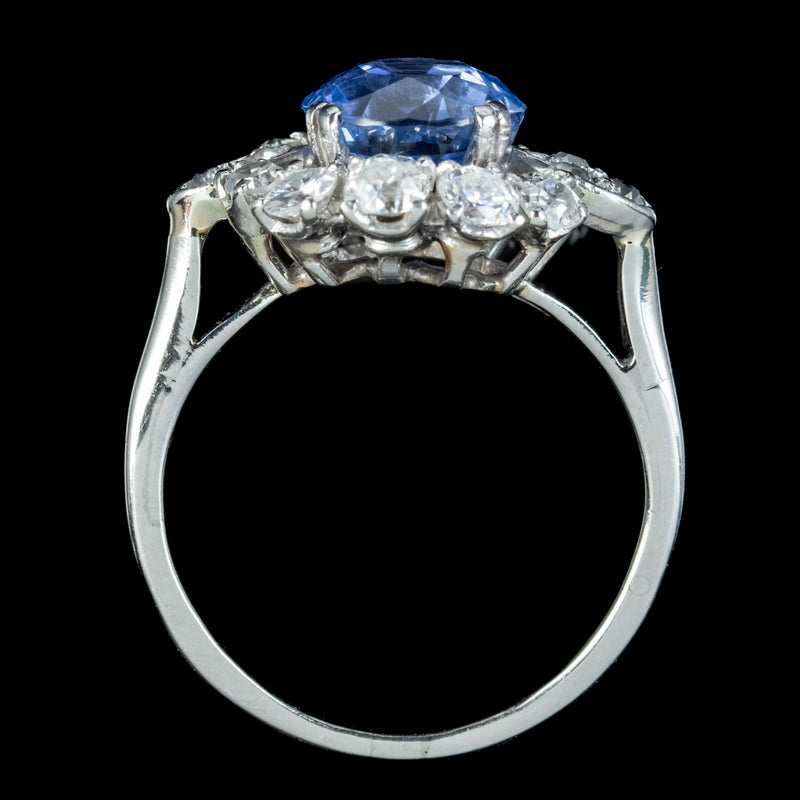 Vintage Sapphire Diamond Cluster Ring 3.30ct Sapphire With Cert