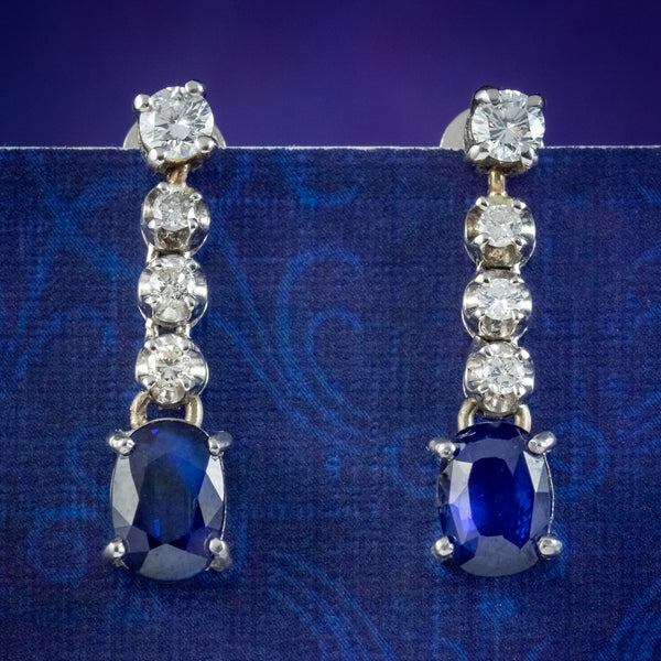 Vintage Sapphire Diamond Drop Earrings 18ct Gold 1.60ct Of Sapphire Boxed