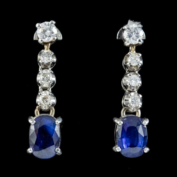 Vintage Sapphire Diamond Drop Earrings 18ct Gold 1.60ct Of Sapphire Boxed