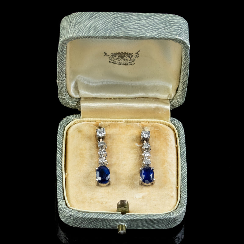 Vintage Sapphire Diamond Drop Earrings 18ct Gold 1.60ct Of Sapphire Boxed