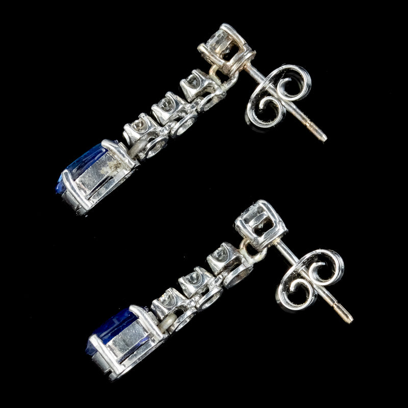 Vintage Sapphire Diamond Drop Earrings 18ct Gold 1.60ct Of Sapphire Boxed