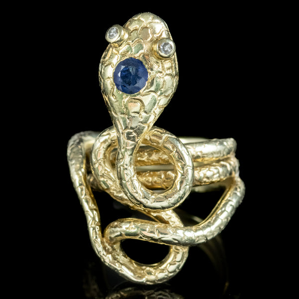 Vintage Sapphire Snake Ring 0.30ct Sapphire Diamond Eyes