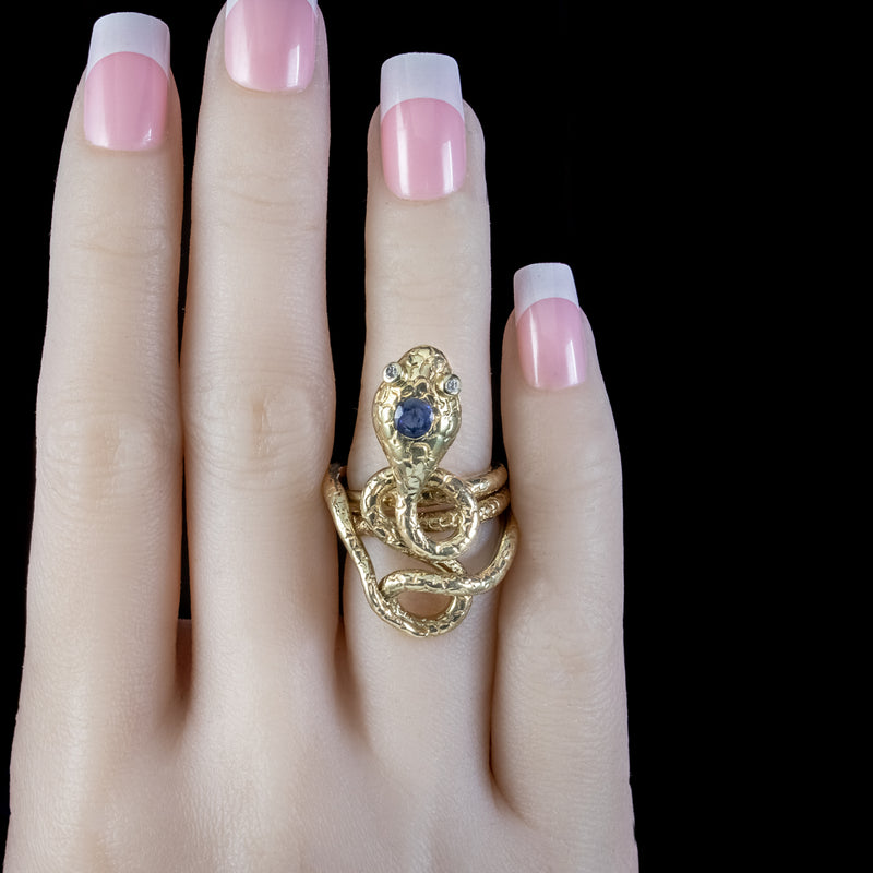 Vintage Sapphire Snake Ring 0.30ct Sapphire Diamond Eyes