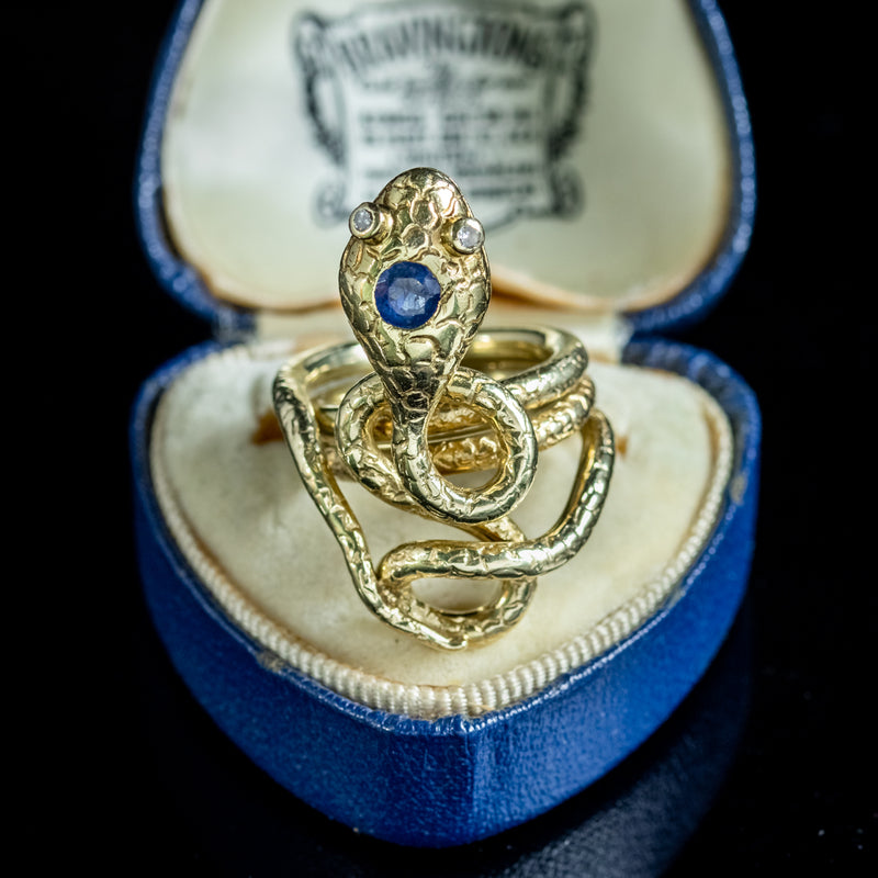 Vintage Sapphire Snake Ring 0.30ct Sapphire Diamond Eyes