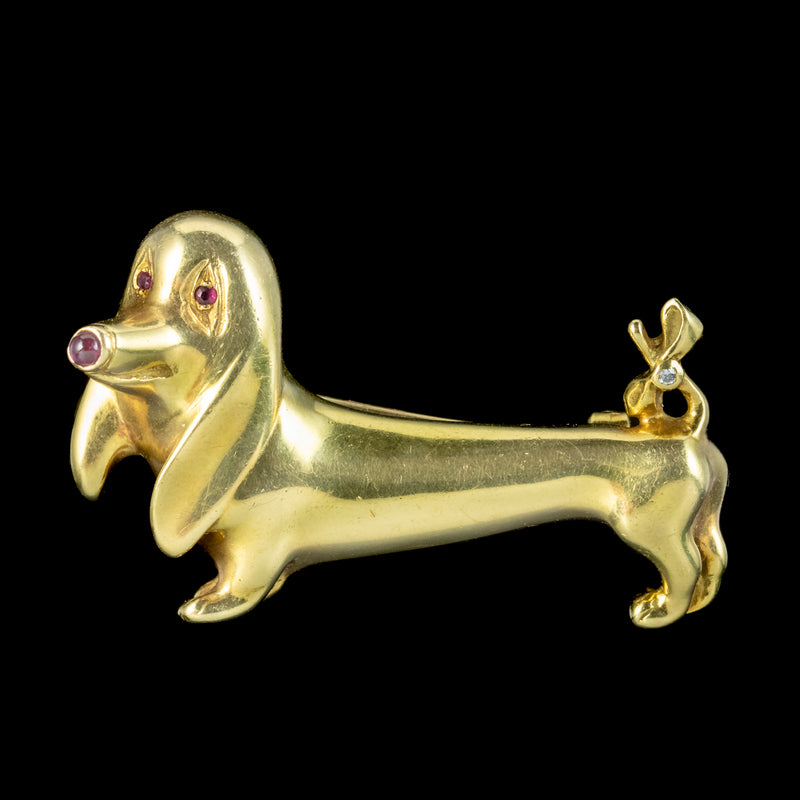 Vintage Sausage Dog Brooch 18ct Gold Ruby And Diamond