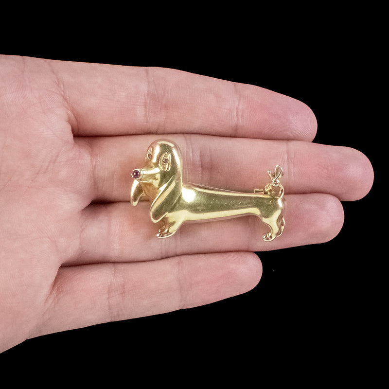 Vintage Sausage Dog Brooch 18ct Gold Ruby And Diamond