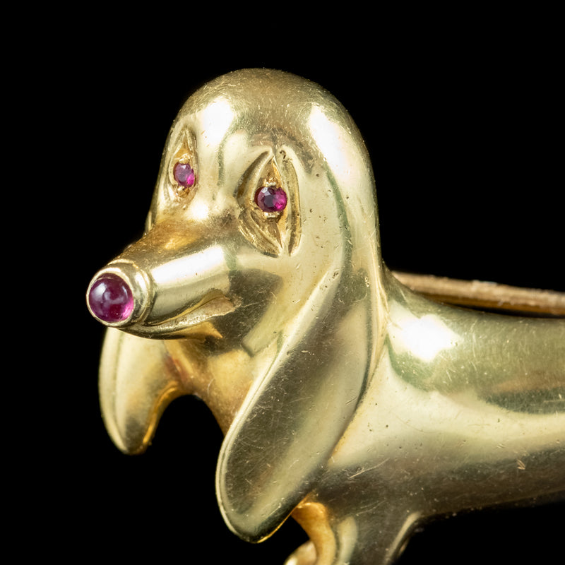 Vintage Sausage Dog Brooch 18ct Gold Ruby And Diamond