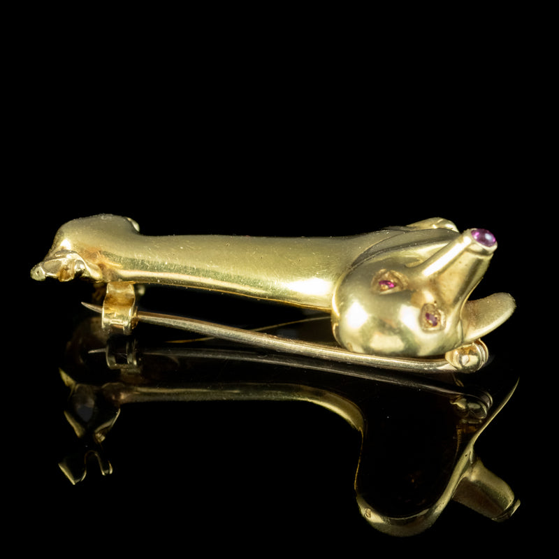 Vintage Sausage Dog Brooch 18ct Gold Ruby And Diamond