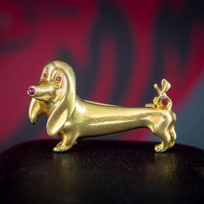 Vintage Sausage Dog Brooch 18ct Gold Ruby And Diamond